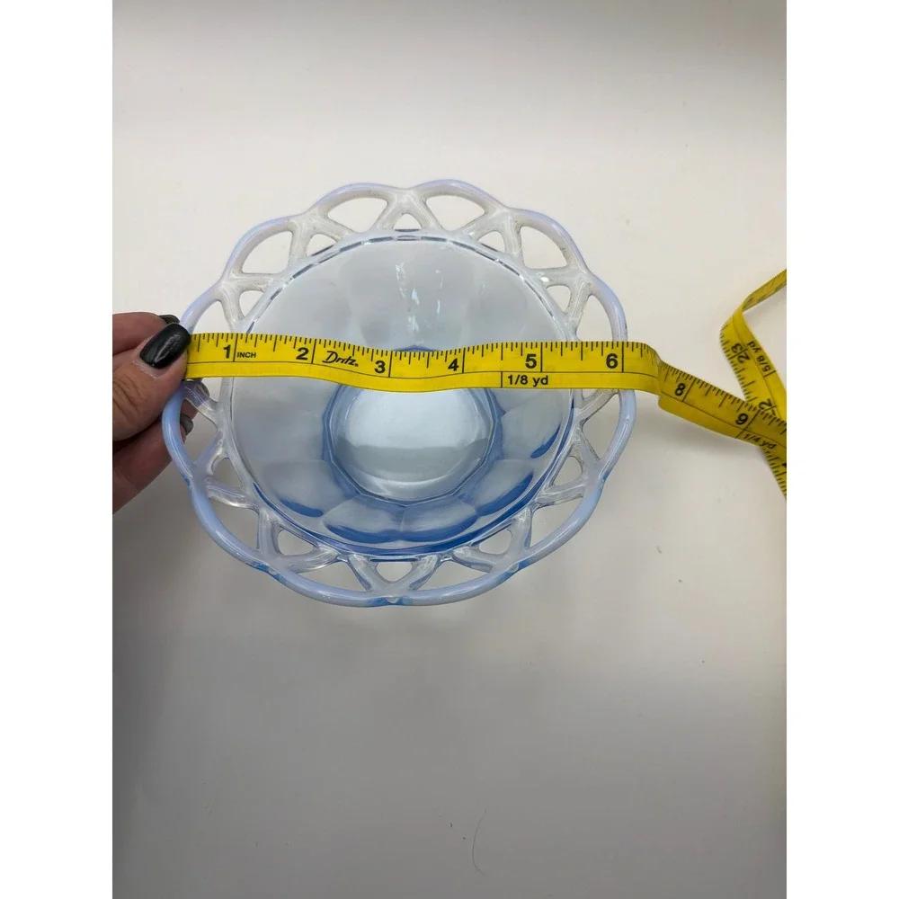 Vintage Blue Opalescent Glass Lattice Lace Edge Footed Bowl 7 Inch
